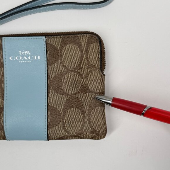 Coach Signature Canvas Corner Zip Wristlet Brown Light Blue Leather Trim - Picture 4 of 8
